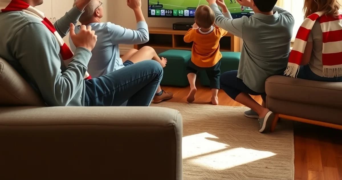 Familia española viendo un partido de Champions League en el salón de casa en un televisor inteligente, con luz natural de día