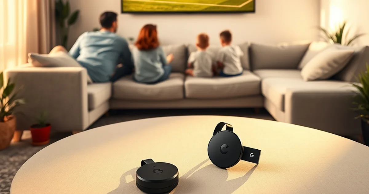 Familia española viendo un partido de La Liga en 4K en el salón con un Chromecast con Google TV sobre la mesa de centro