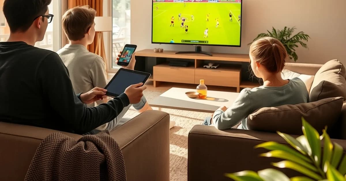 Familia viendo un partido de fútbol en 4K en el salón mientras otro miembro sigue el mismo partido en una tablet, luz natural de tarde