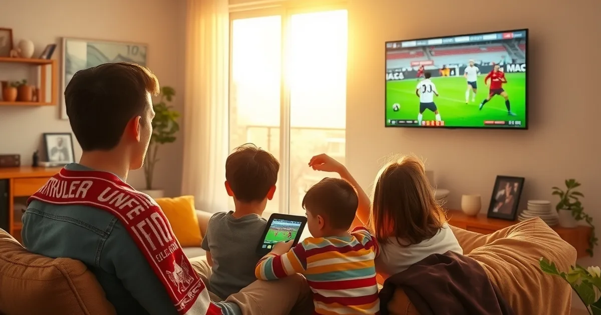 Familia viendo un partido de la Copa del Rey en el salón de casa con la televisión y una tablet a la vez, luz natural de tarde