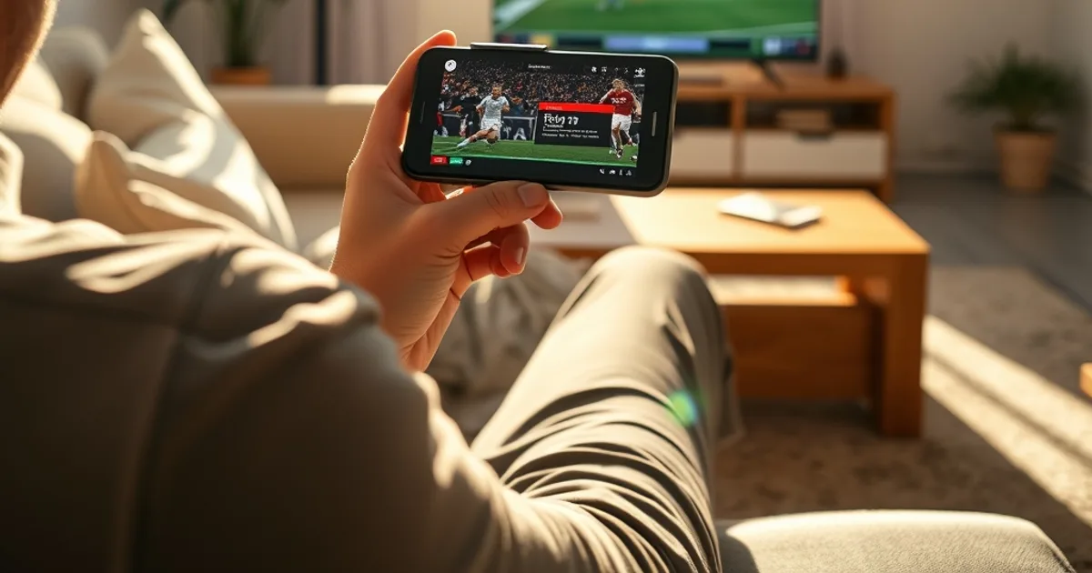 Persona en un salón luminoso comprobando la velocidad de su conexión en el móvil con un partido de fútbol en la televisión de fondo