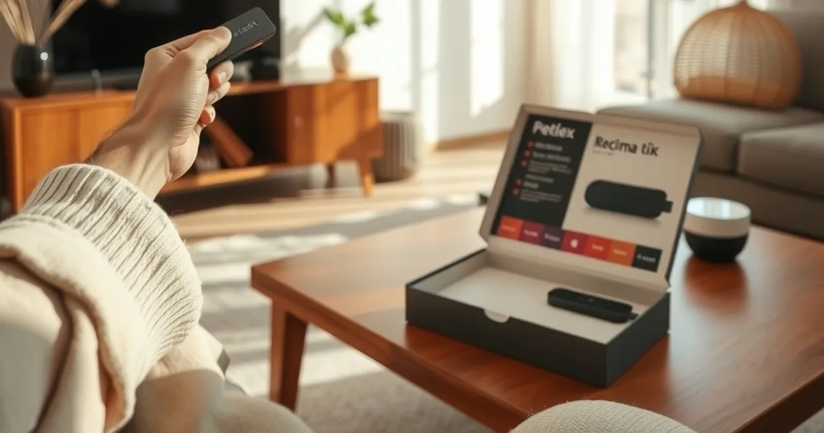 Persona comparando en su salón, con luz natural, un dispositivo de streaming en la mano junto a la televisión antes de instalarlo.
