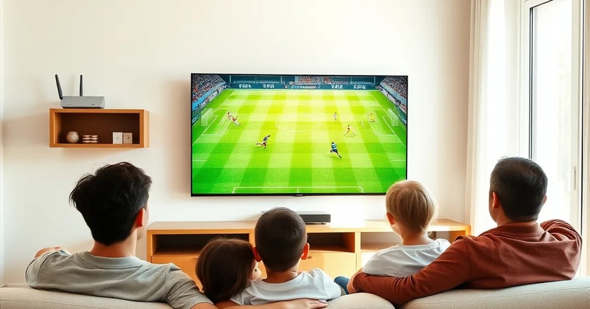 Familia viendo un partido de fútbol en 4K en el Smart TV del salón durante la tarde, con luz natural entrando por la ventana