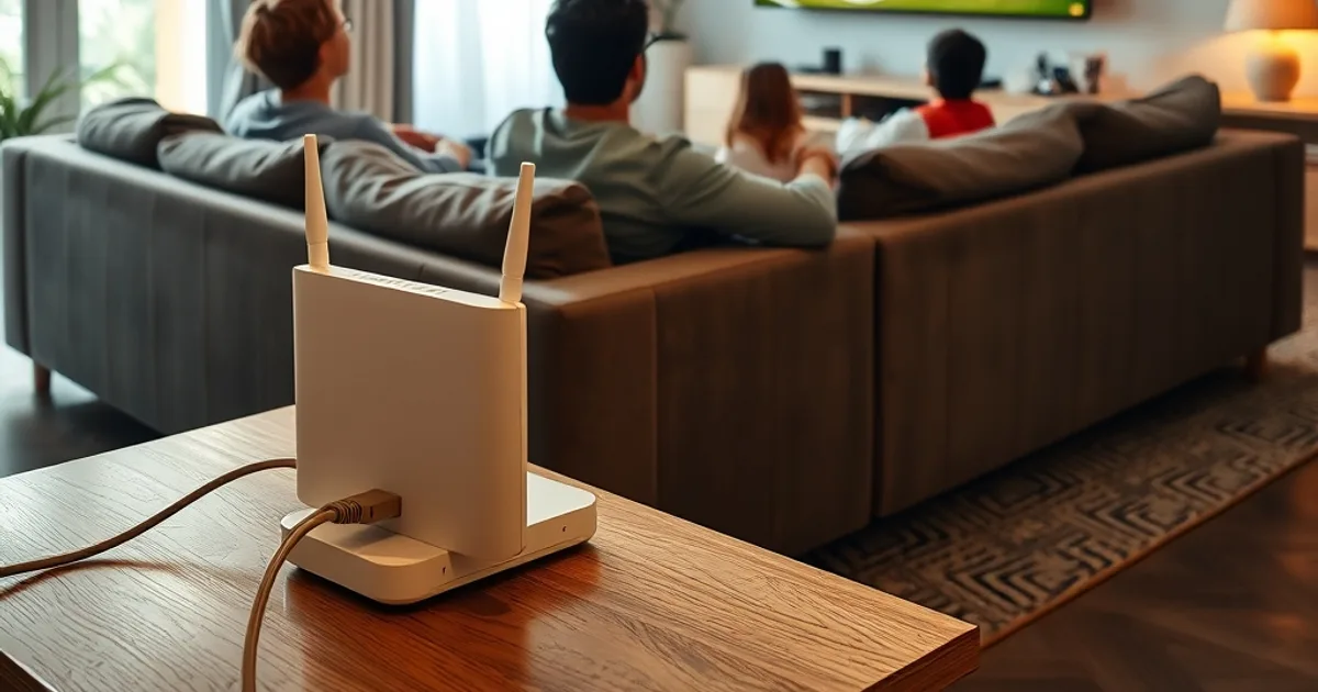 Familia viendo un partido de La Liga en 4K en el salón, con un router de fibra visible sobre una mesa auxiliar