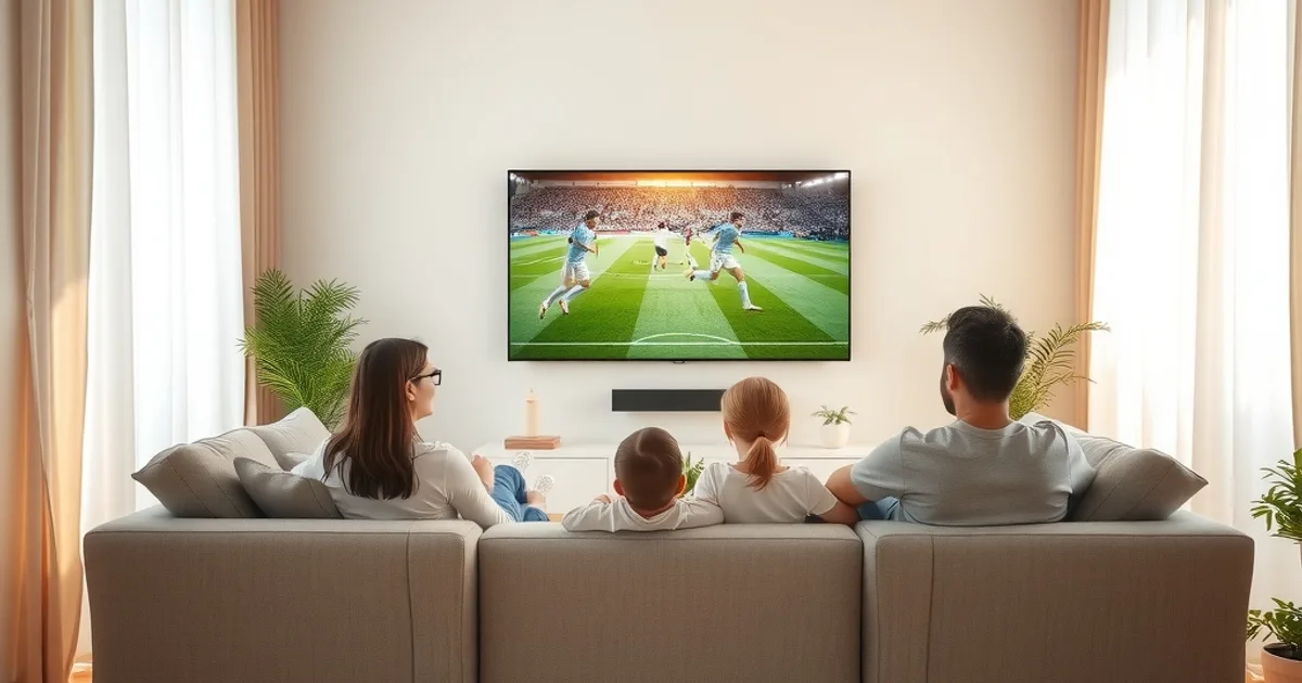 Familia viendo un partido de La Liga en un Smart TV en un salón luminoso durante la tarde