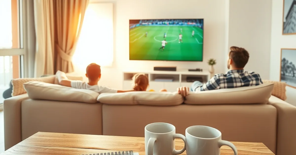 Familia española viendo un partido de fútbol en el salón por la tarde, con una libreta de gastos y un café sobre la mesa