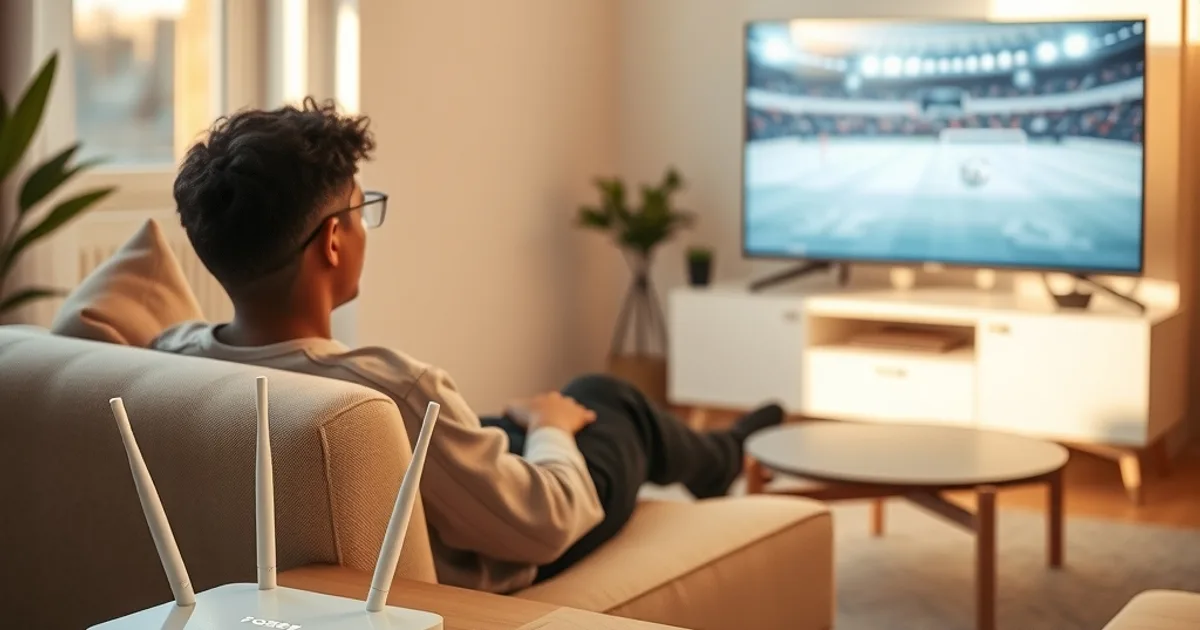 Una persona en un salón luminoso mira preocupada la televisión con el partido congelado, junto a un router con cable Ethernet