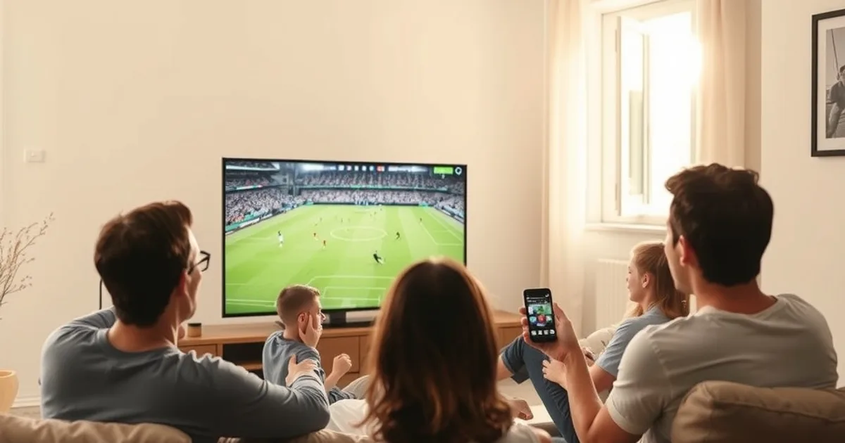 Familia viendo un partido de fútbol en el salón mientras la señal de IPTV se congela en la pantalla en pleno directo