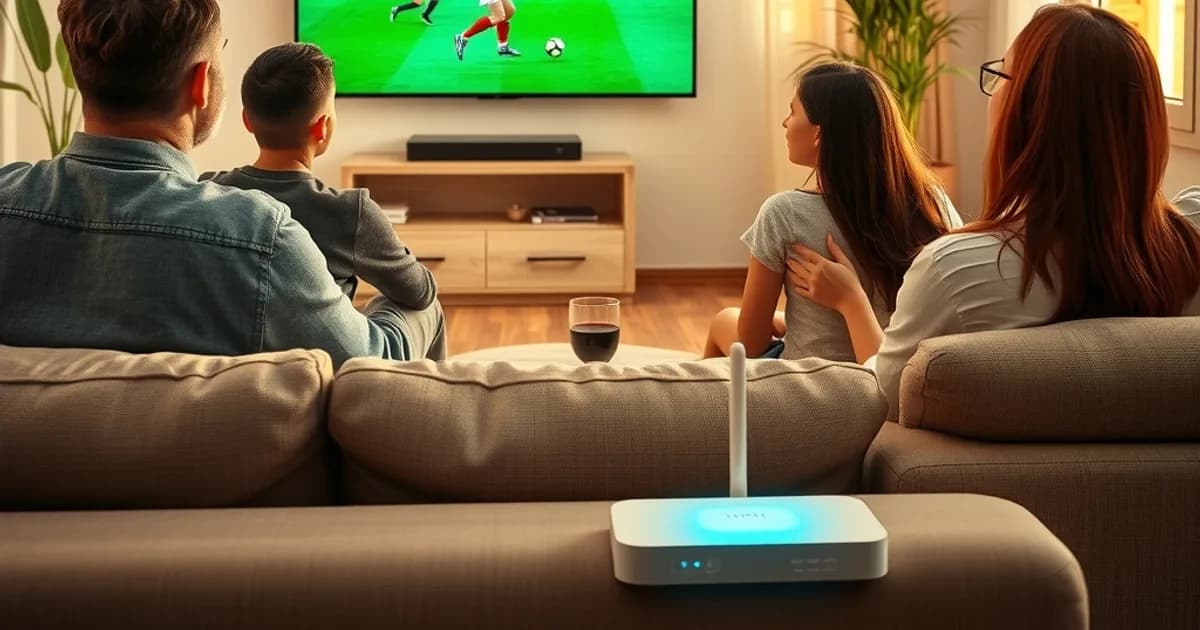 Familia viendo un partido de fútbol juntos en el salón con luz natural, con el router WiFi visible al fondo