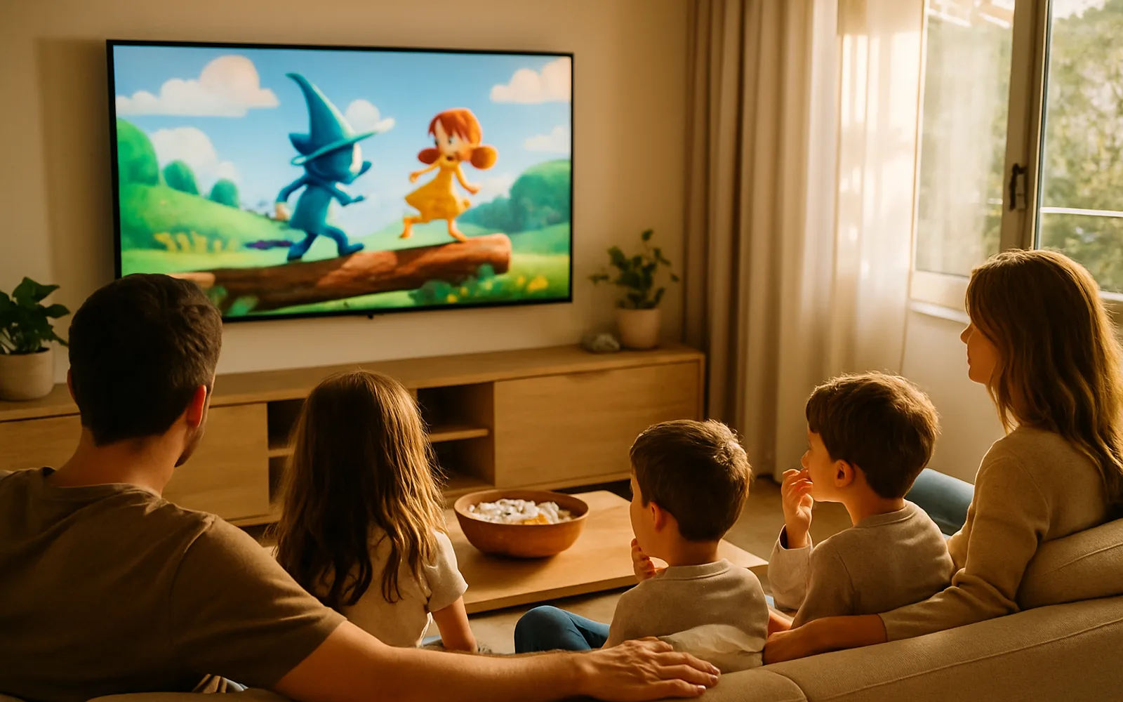 Una familia española viendo la tele junta en un salón luminoso, padres y niños en el sofá por la tarde