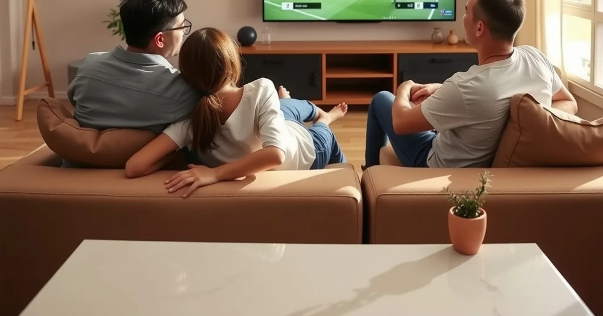 Familia española viendo un partido de fútbol tranquilamente en el salón un sábado por la tarde