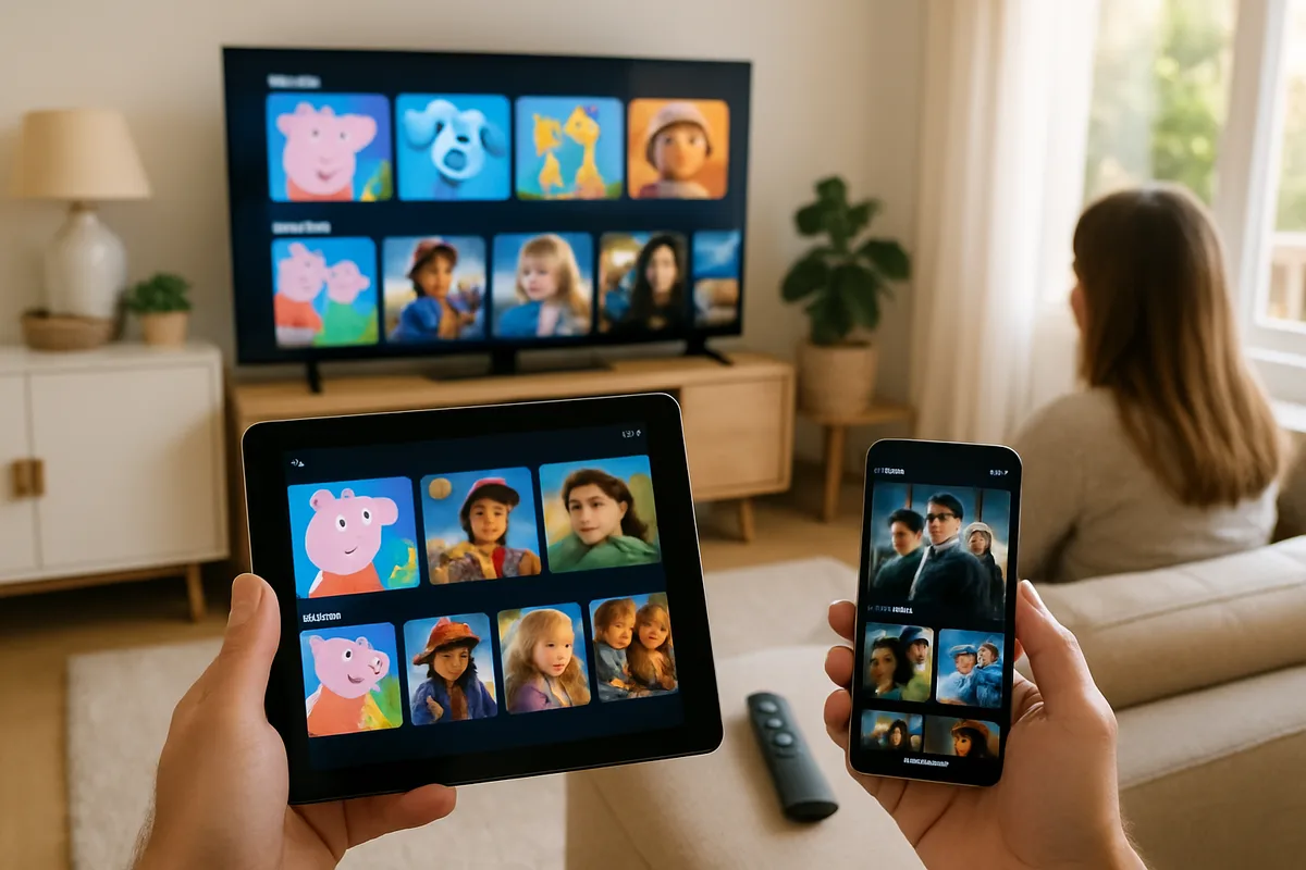 Una mano sostiene un móvil y una tablet mostrando la tele mientras un televisor reproduce el mismo servicio