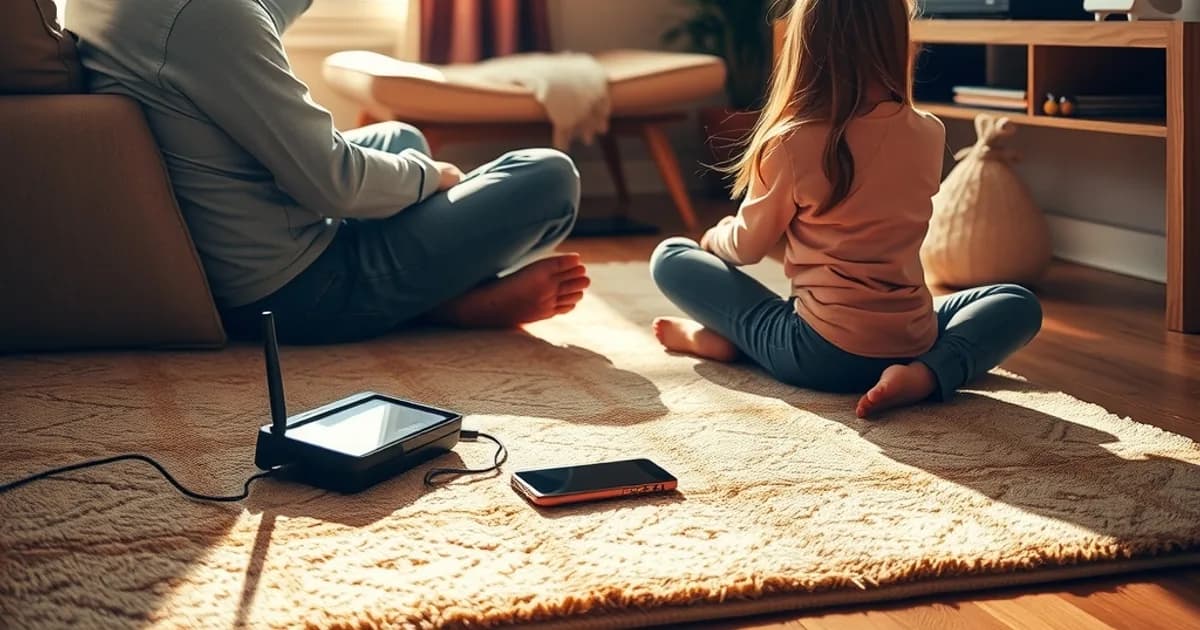 Familia viendo un partido de fútbol en varias pantallas a la vez en un salón luminoso: televisor, tablet y móvil sincronizados con IPTV multidispositivo.
