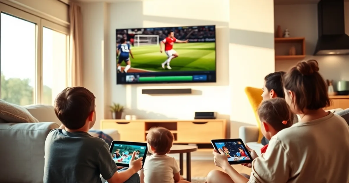 Familia española viendo IPTV en varias pantallas a la vez en el salón de casa, cada uno con su propio contenido