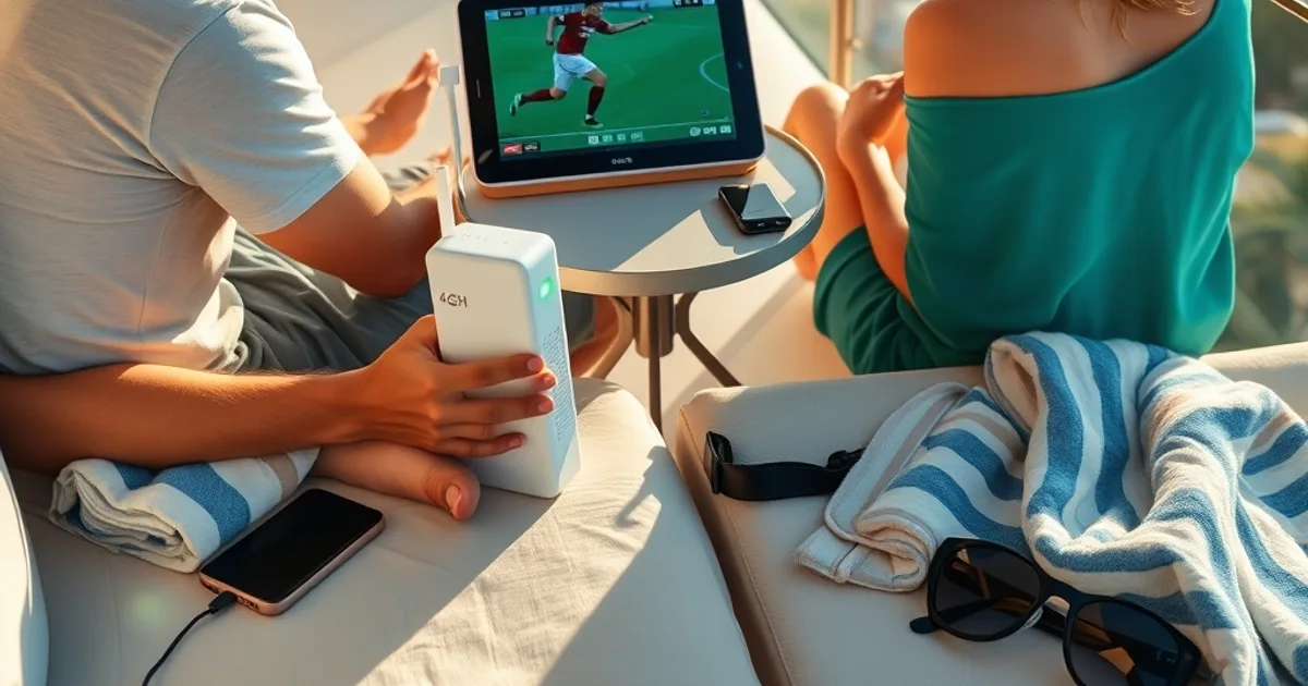 Familia viendo un partido de La Liga en una tablet en el balcón de un hotel de playa en verano, con un router 4G portátil y un móvil junto a ellos