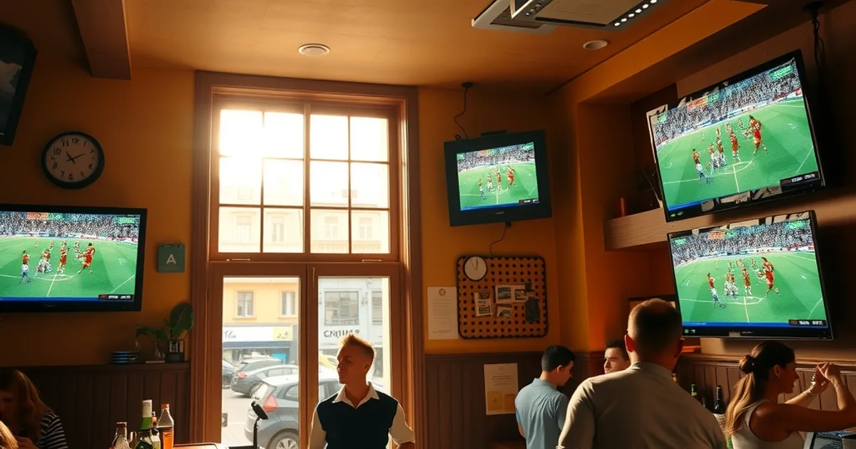 Interior de un bar español iluminado por luz natural con tres televisores emitiendo un partido de fútbol y clientes viéndolo desde la barra