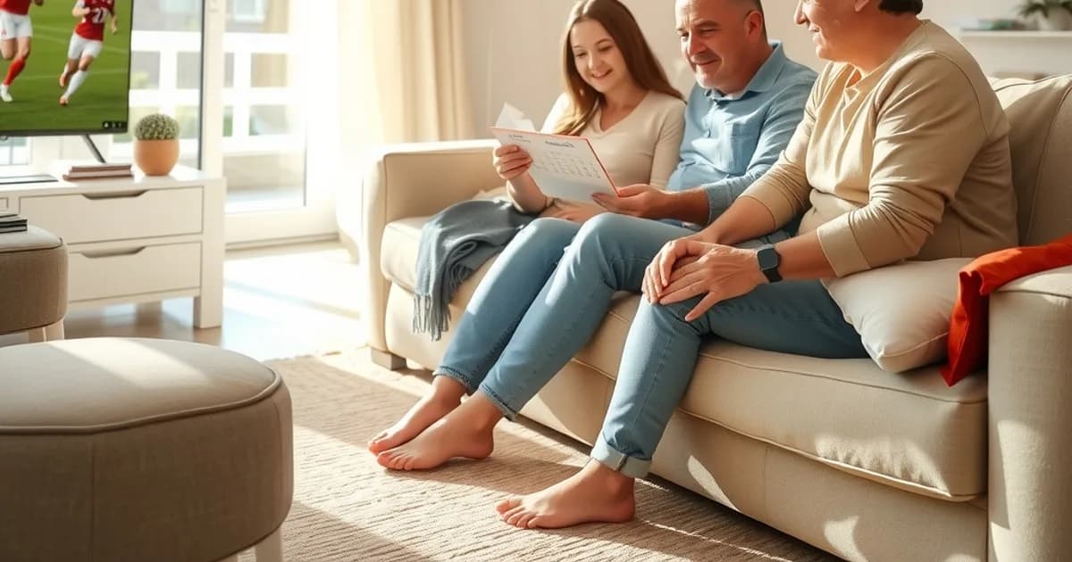 Familia en un salón luminoso comparando planes de suscripción en una tablet con un partido de fútbol de fondo en la televisión