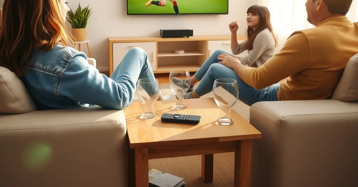 Familia española viendo un partido de fútbol en el salón por la tarde, con un mando de streaming sobre la mesa de centro