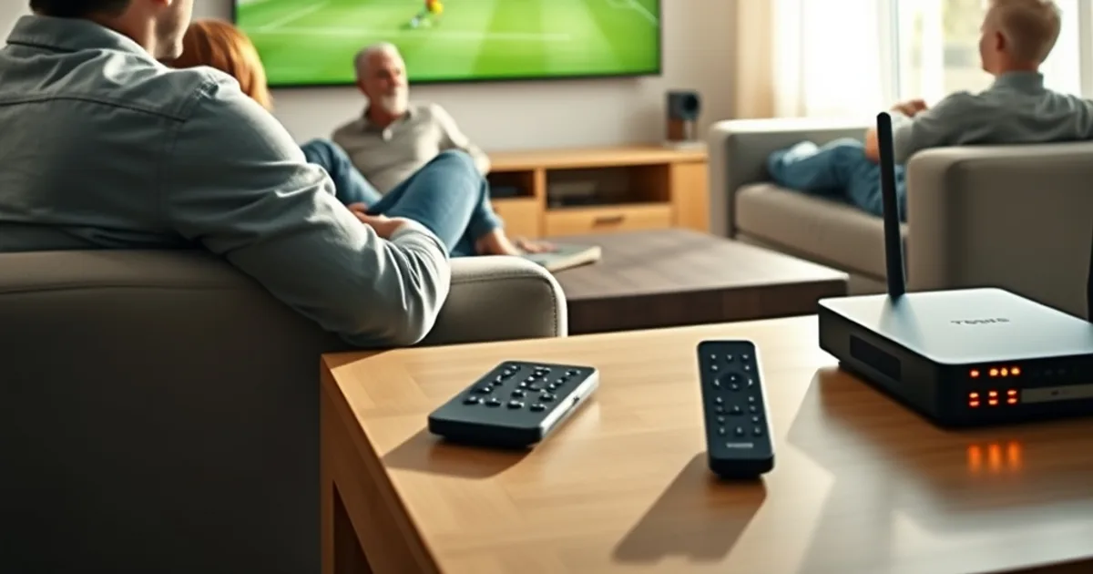 Familia viendo un partido de fútbol en el salón con luz natural, TV grande y router visible en primer plano