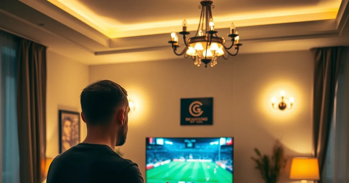Un hombre viendo un partido de fútbol en directo en la smart TV de un salón español luminoso por la noche, mando a distancia en la mano y una tablet sobre la mesa mostrando un ranking de servicios de streaming, ambiente hogareño y acogedor, sin logotipos visibles