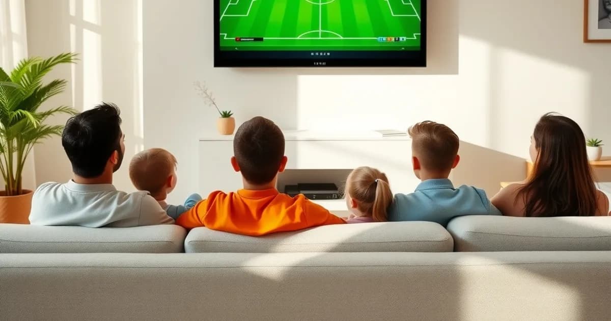 Familia viendo un partido de fútbol en un televisor grande en un salón luminoso durante el día