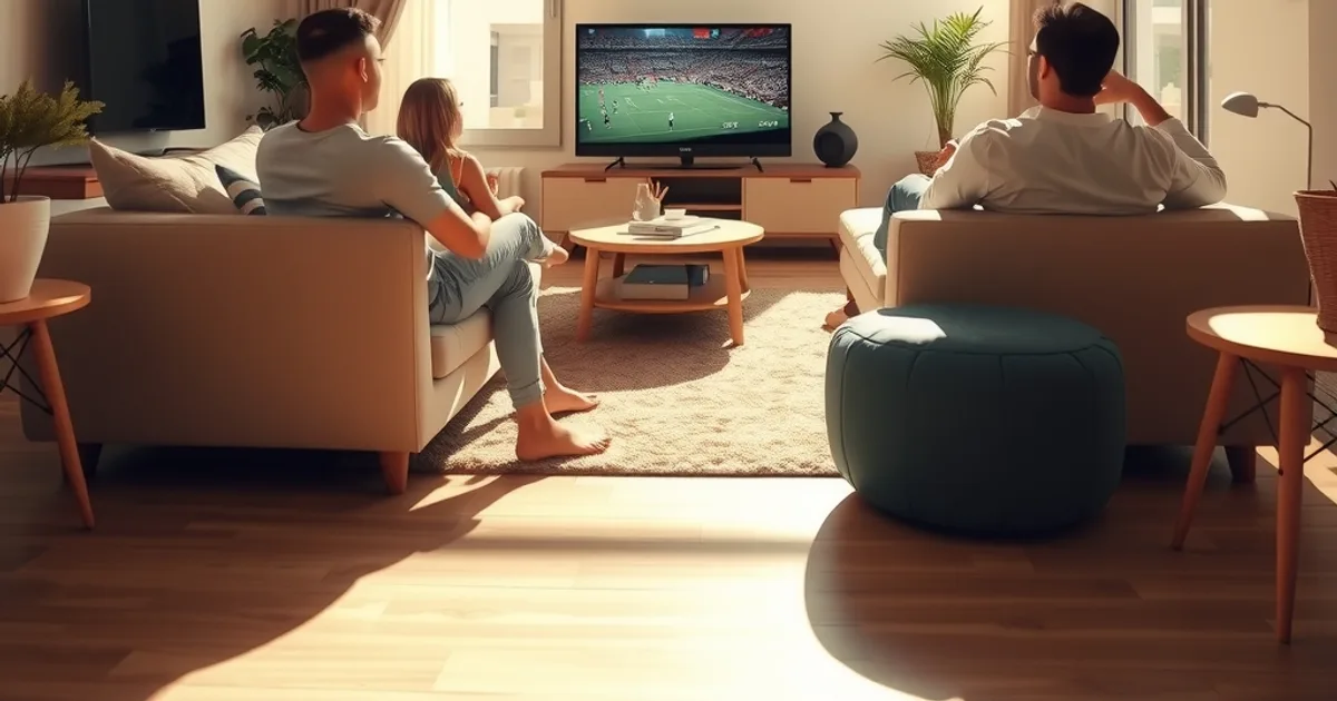 Familia española viendo un partido de fútbol juntos en el salón de casa, en un ambiente luminoso y acogedor