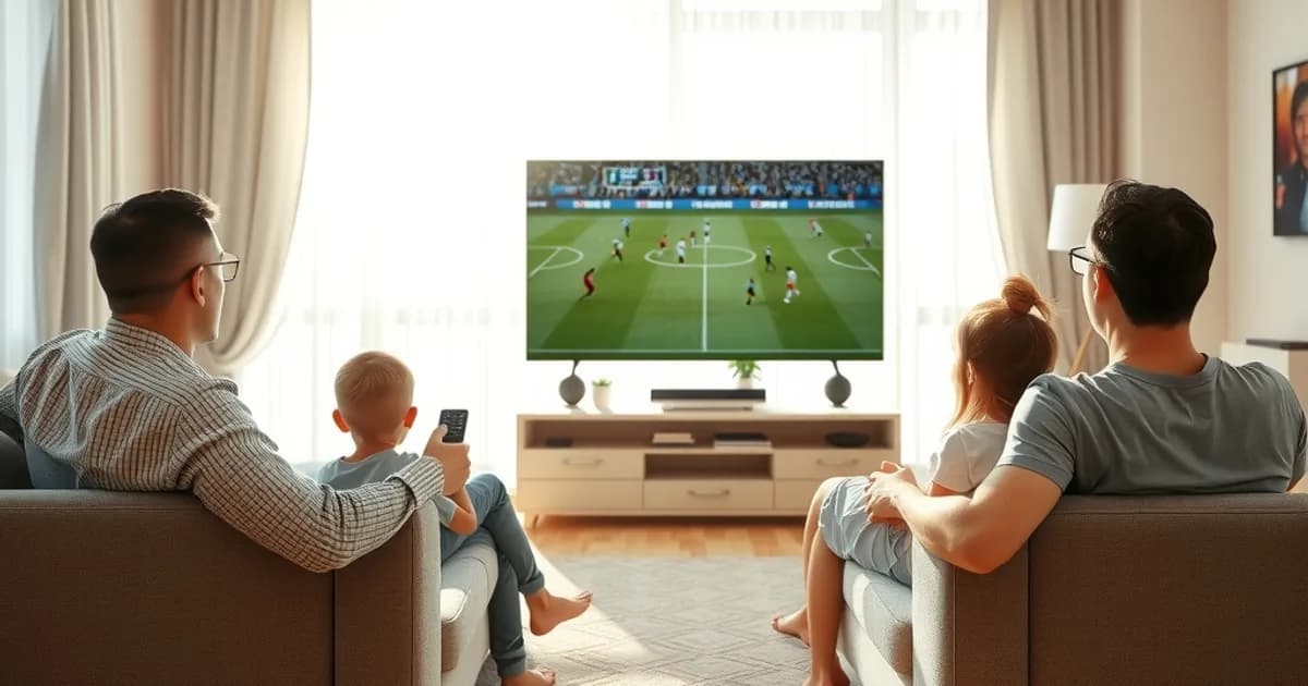 Familia viendo un partido de fútbol en una televisión Smart TV en un salón luminoso durante la tarde