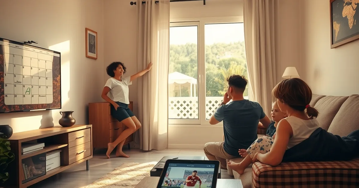 Familia española viendo un partido de fútbol juntos en el salón con luz natural, junto a un calendario en la pared