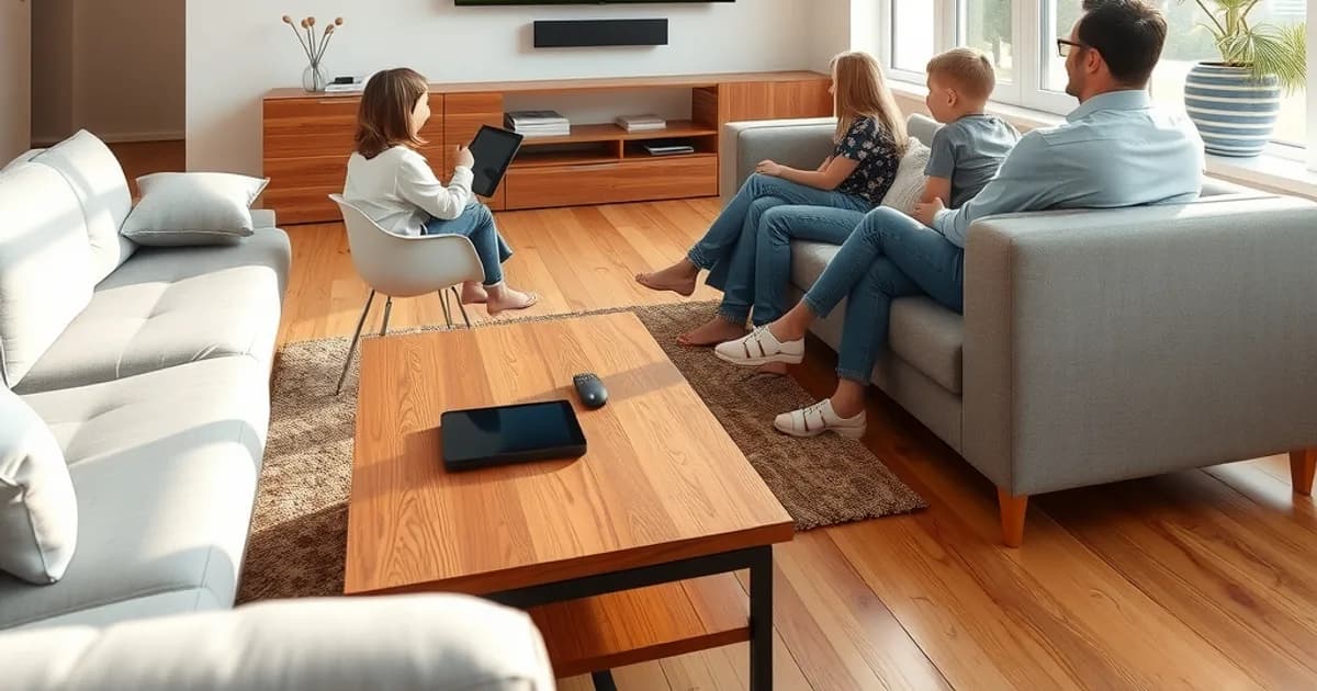 Familia española viendo un partido de fútbol por IPTV en el salón de casa, con luz natural de tarde