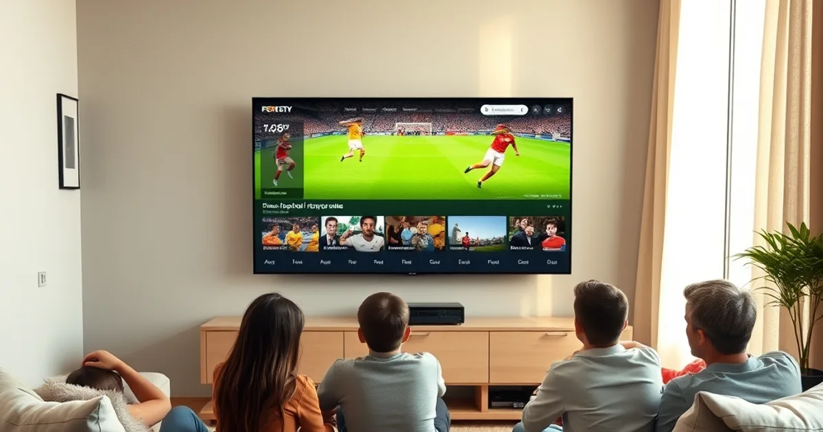 Familia española viendo la pantalla de inicio de una app IPTV en el salón durante el día