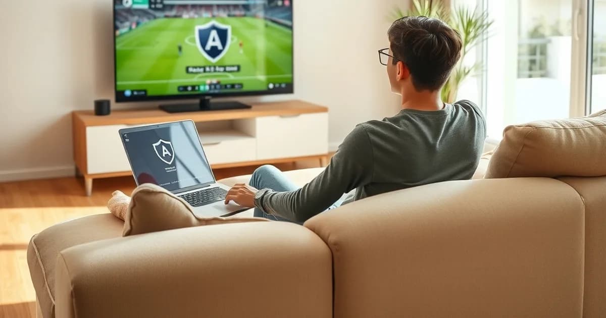 Persona joven revisando la seguridad de su conexión en un portátil, con un partido de fútbol de fondo en el televisor, en un salón luminoso.