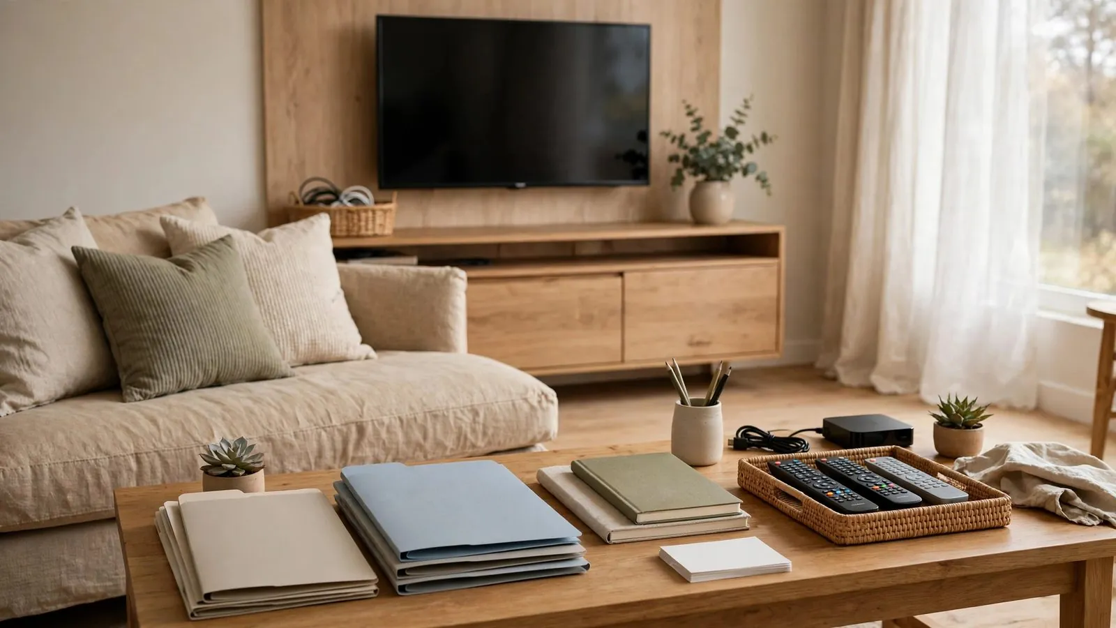 Televisor apagado frente a un sofá y mesa de madera con varios cuadernos cerrados y una cesta con mandos a distancia.