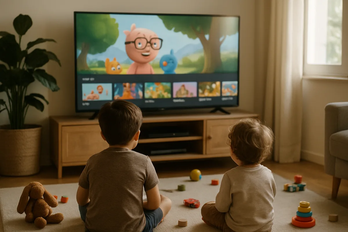 Dos niños viendo dibujos animados en una pantalla grande en el salón de casa con luz suave
