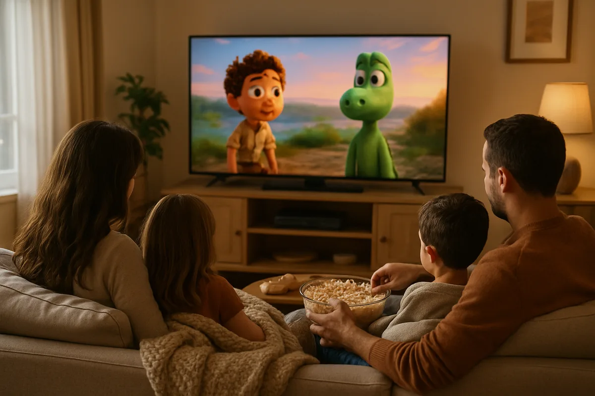Una familia disfrutando de una noche de cine en casa con palomitas frente a una tele grande