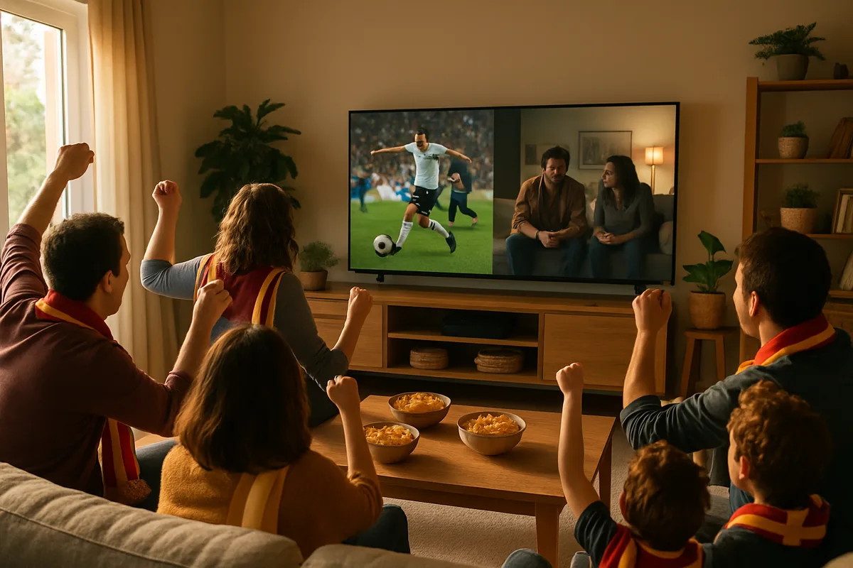 Una familia viendo una serie y el partido del fin de semana en la tele del salón, ambiente animado